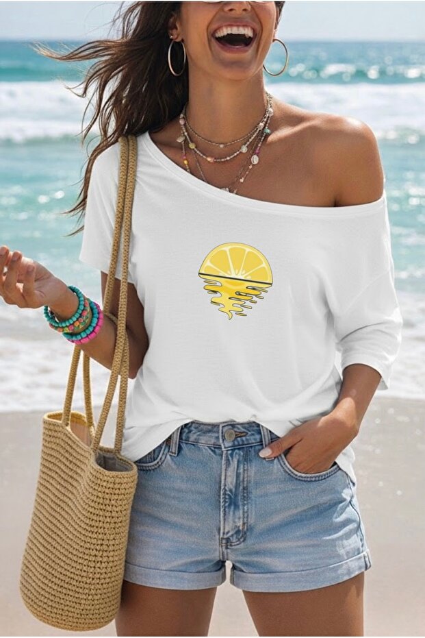 Melting Lemon Printed Oversize Women's Boat Neck T-Shirt