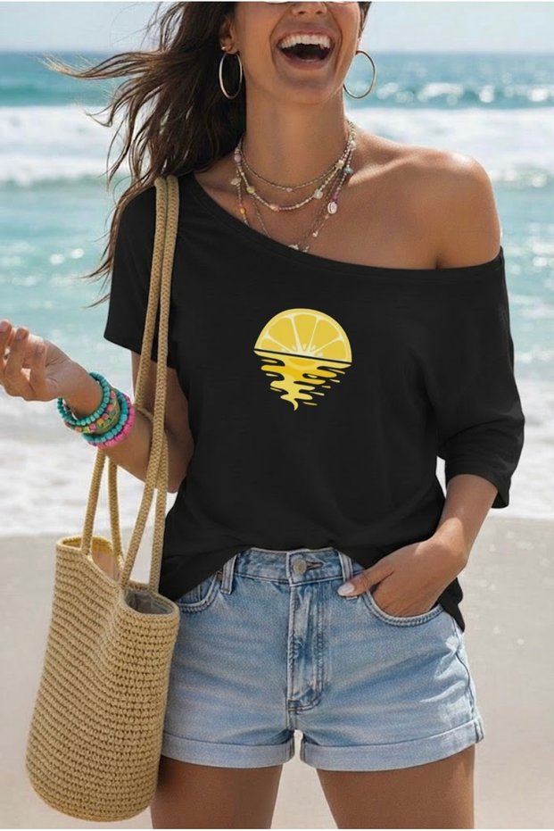Melting Lemon Printed Oversize Women's Boat Neck T-Shirt