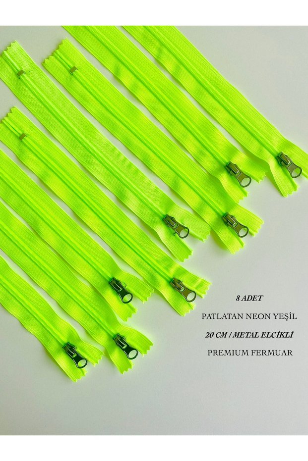8 Pieces of Neon Green Metal Zippers 20 cm Zipper for Bags, Wallets, Coats, Jackets, Hobby Projects