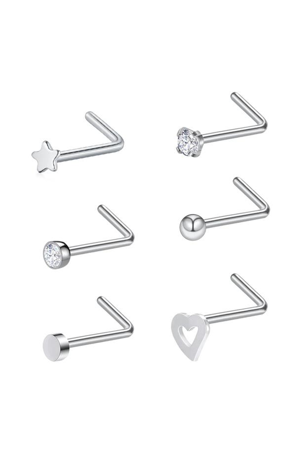 StyleA-Silver 6Pcs/set 20G Fashion Nose Septum Piercing Studs Set Stainless Steel Nose Septum Studs
