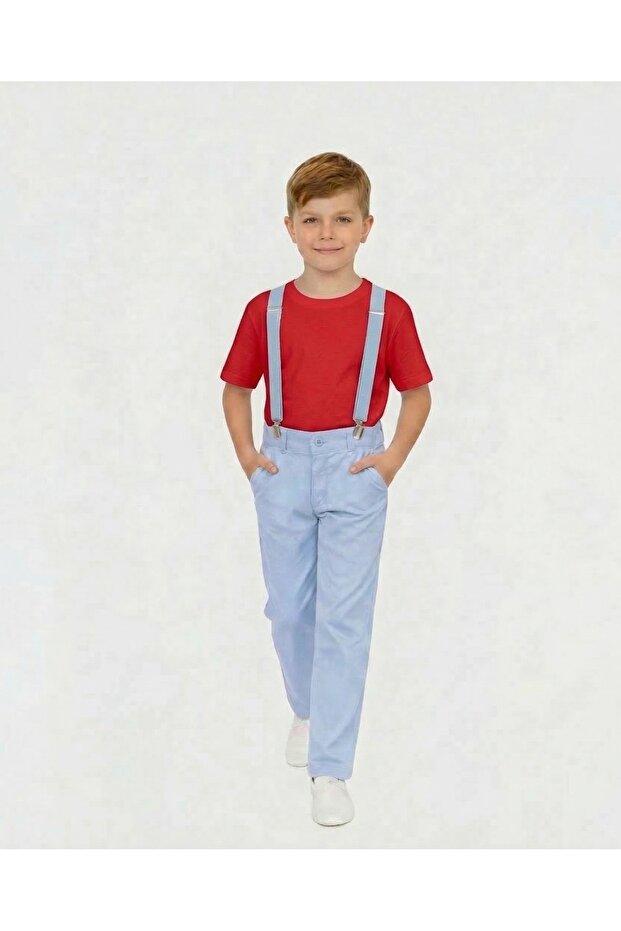 Boy's April 23 October 29 Outfit Red Round Neck T-Shirt - Blue Pants - Blue Suspender Set