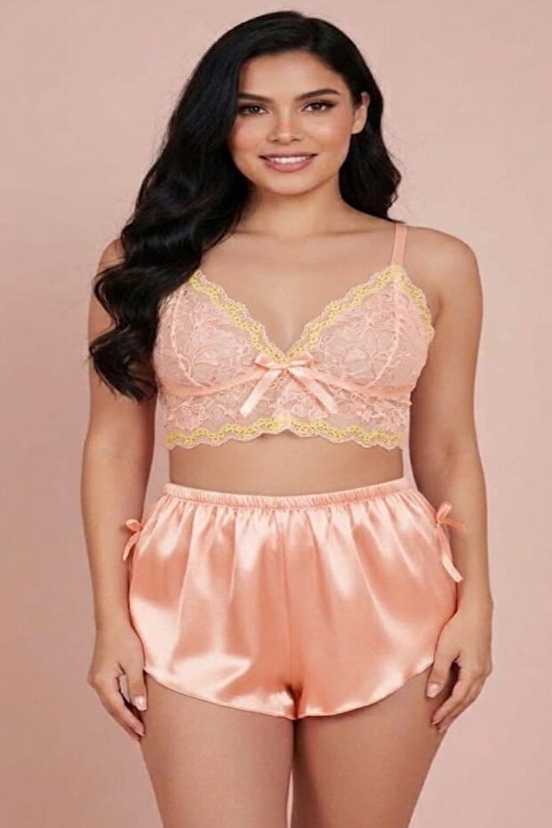 Women's Satin Shorts and Lace Bustier Set - Night Set