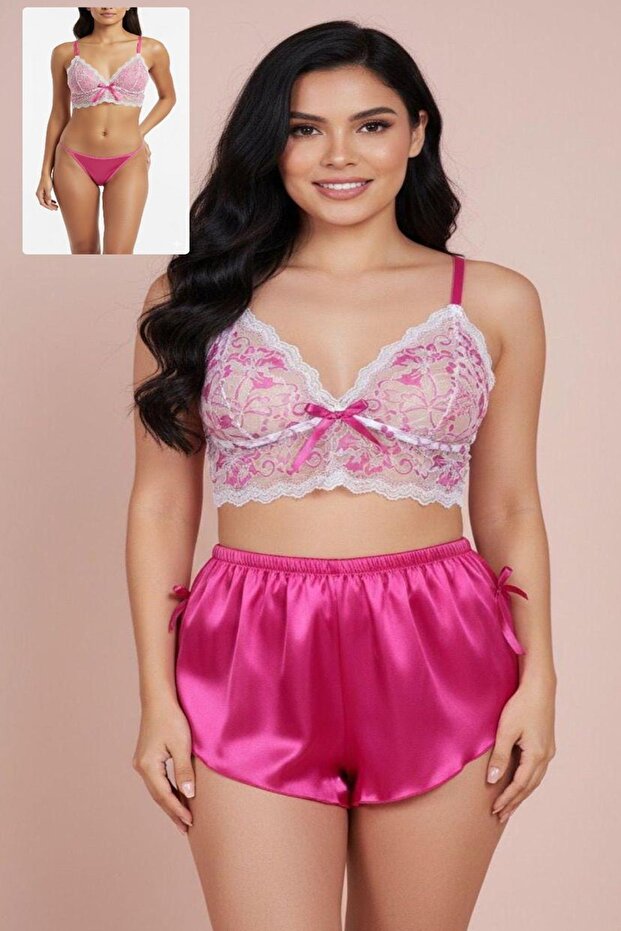 Women's Satin Shorts and Lace Bustier Set - Night Set