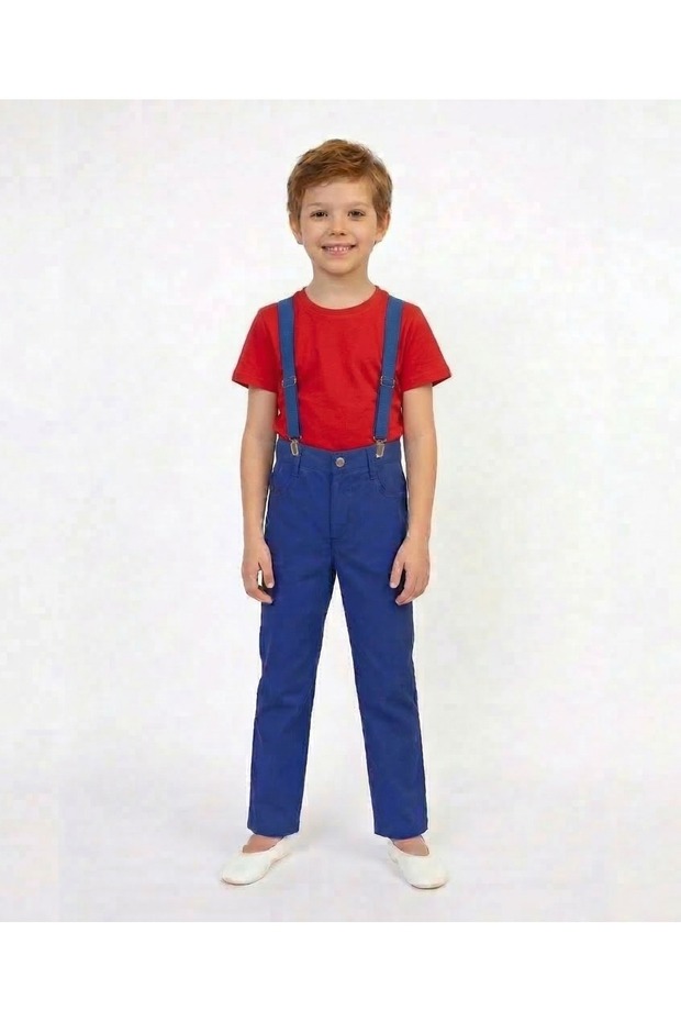 Boy's 23 April 29 October Outfit Red Round Neck T-Shirt-Sax Pants-Saxblue Suspender Suit