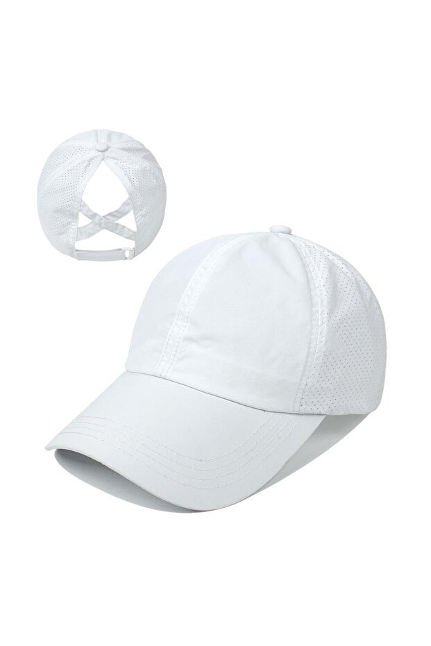 Horse Tail Hat for Women – Breathable Perforated Fabric, Adjustable Sports Hat, Summer White