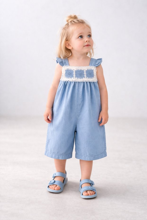 Girl's Embroidery Detailed Strappy Denim Jumpsuit for Daily Special Occasions and Holidays