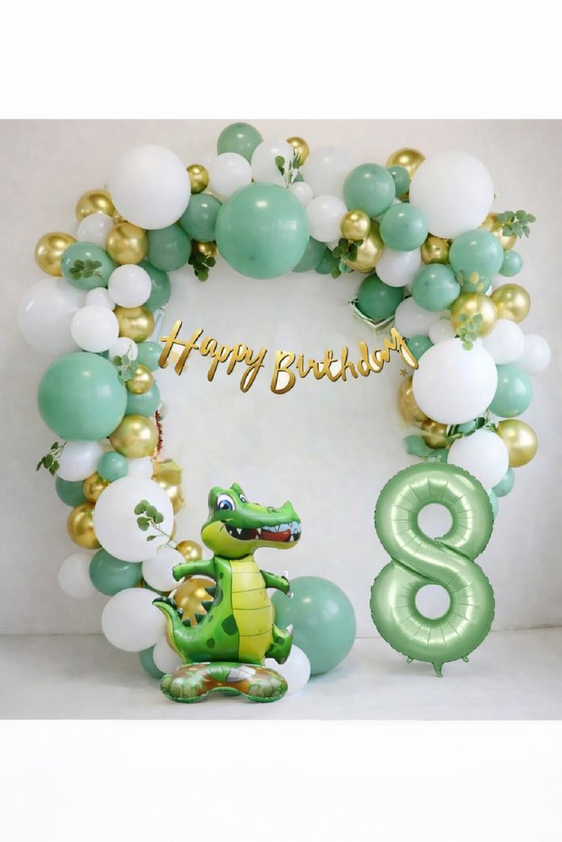 Dinosaur Themed Birthday Balloon Party Set Green Gold Balloon Set & Dino Balloon Set