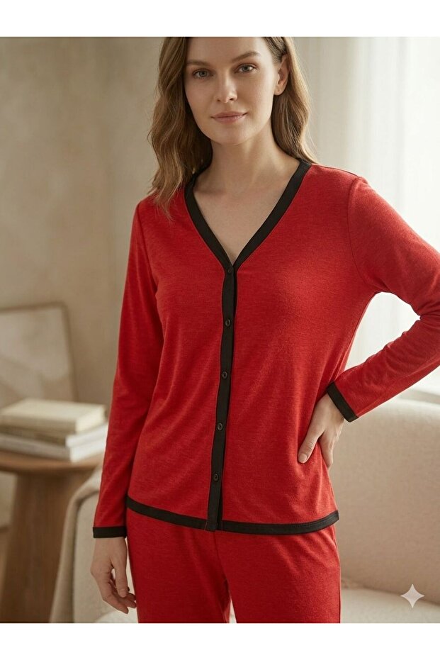 Plus Size Front Buttoned Combed Cotton Pajama Set - 3