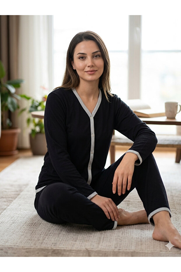 Plus Size Front Buttoned Combed Cotton Pajama Set - 1