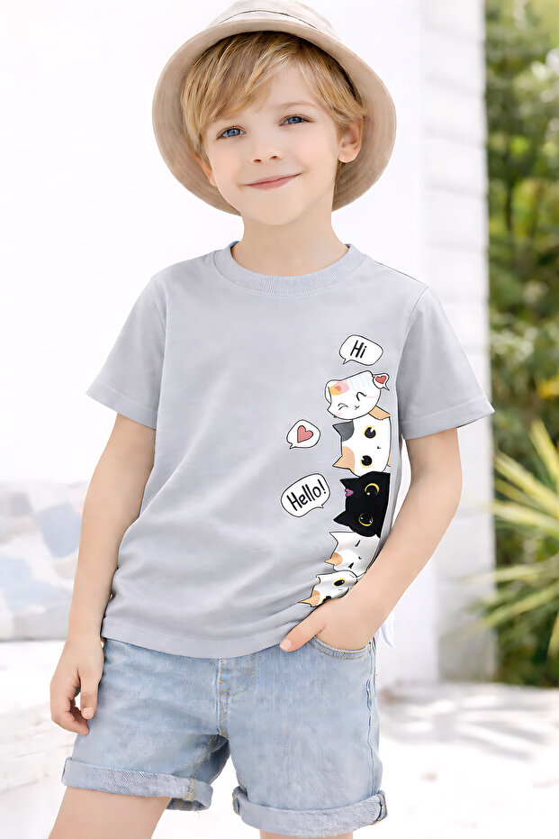 Hello Cat Printed Unisex Kids' T-Shirt – Cotton Fun Graphic T-Shirt