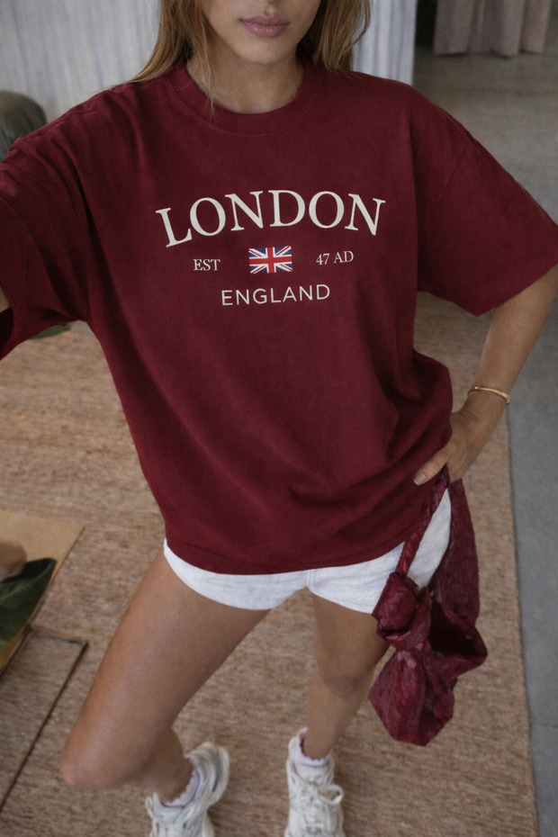 Burgundy London Printed Oversize T-Shirt