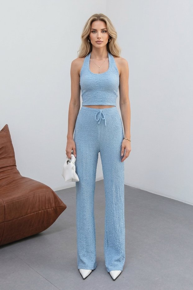 Women's Bubble Fabric Halter Neck Textured Crop Top and Wide Leg Pants Two-Piece Set - 3005