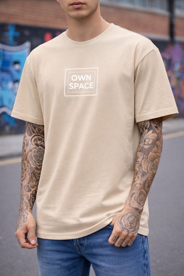 Men's Own Space Written Beige T-Shirt 100% Cotton Minimal Streetwear Graphic Tee