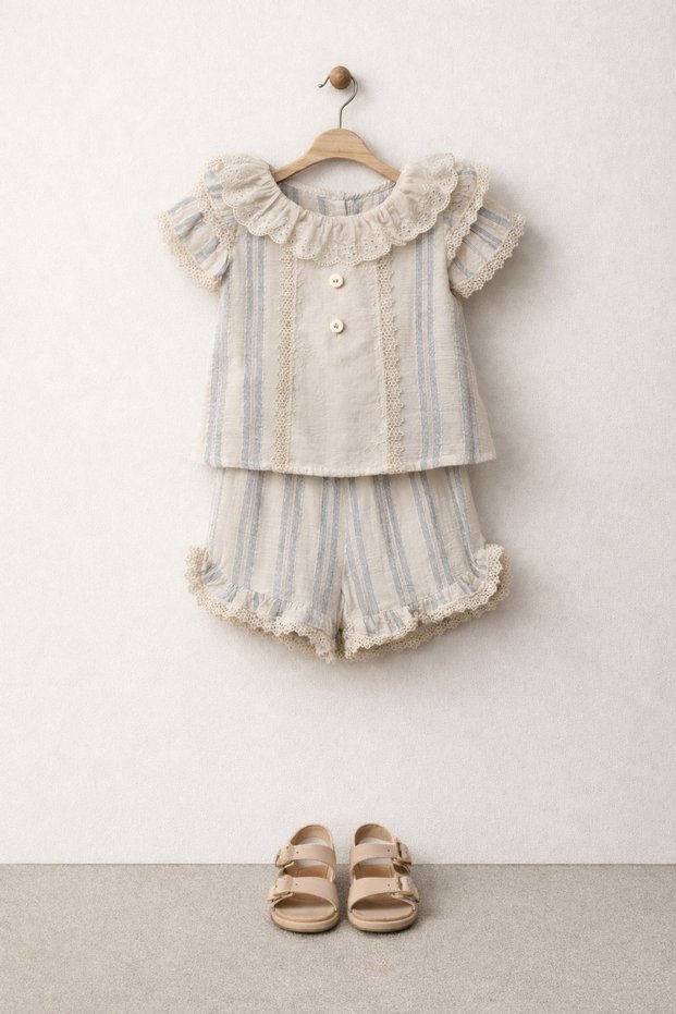 Baby Girl 2-Piece Set Lace Embroidered Short Sleeve Blouse Lace Trim Detailed Shorts Holiday Special Occasions