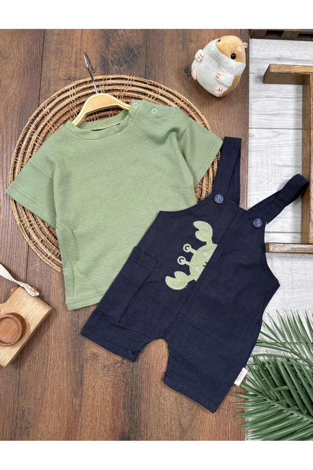 Crab Embroidered Snap-On Shoulder Badi Summer Salopet Baby Boy Set