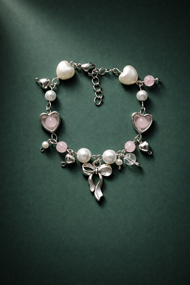Pink Beaded Bow & Heart Charm Bracelet with Pearls