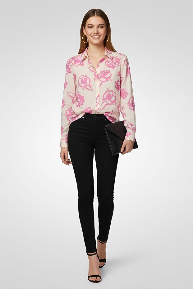 Women Pointed Collar Long Sleeve Allover Print Shirt, Multicolor