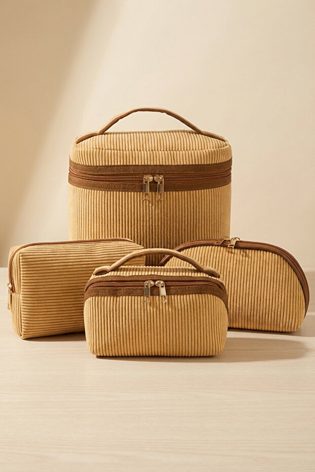 4-Piece Makeup & Organizer Bag Set Stylish Textured Fabric, Zippered, Multi-Purpose for Travel & Daily Use