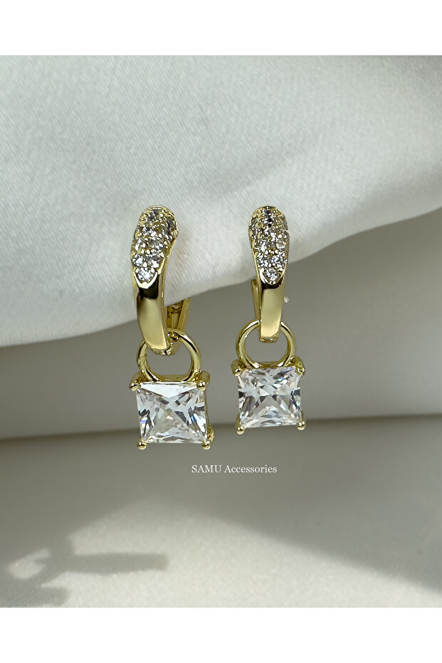 Gold Pave Earrings with Dangle Design - Gold Pave Stud Earrings