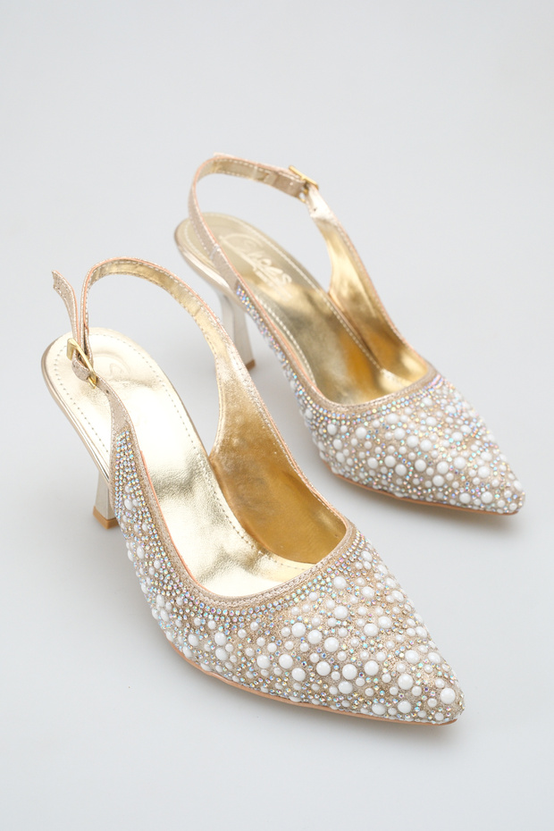 Women's Pointed Toe Pearl Detailed Elegant Champagne Heel Open Back Bridal Wedding Shoes 8cm