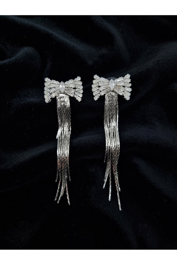 Zircon Stone Tassel Bow Dangle Silver Color Steel Earrings - Tarnish Resistant