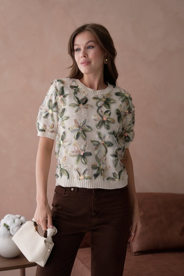 Women's Crew Neck Tulle Floral Short Sleeve Knitwear Sweater