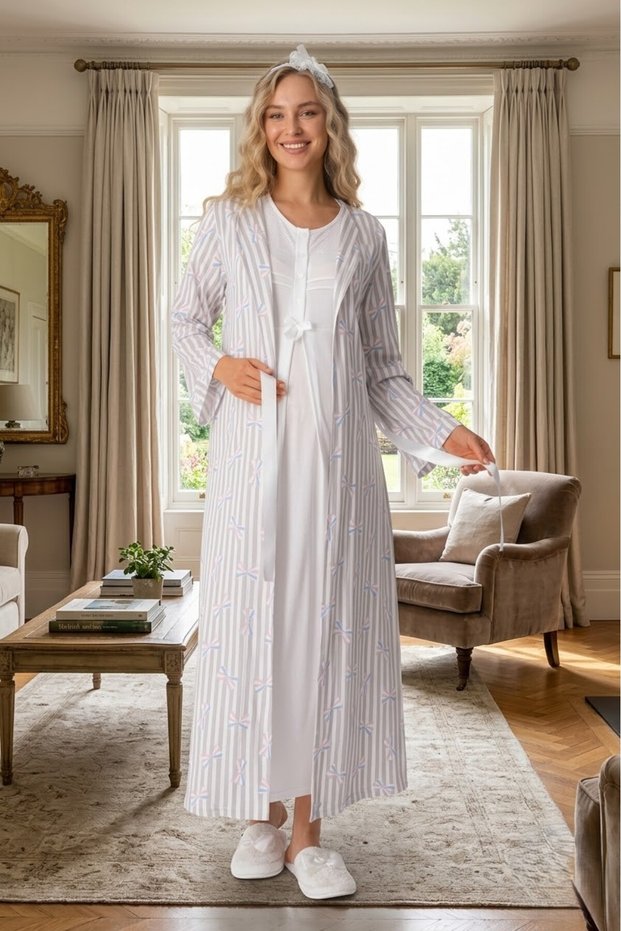 New Season Ecru Shawl Collar Summer Button Detailed Striped Full Length Short Sleeve Maternity Dressing Gown Nightgown Set