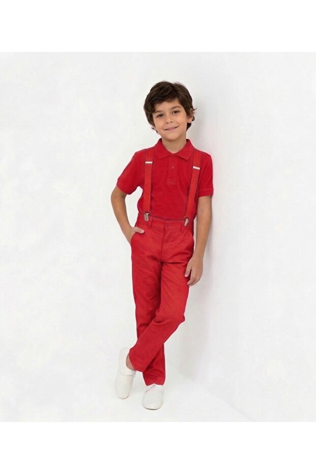 Boys' April 23 October 29 Collared T-Shirt - Red Pants and Suspender Set - Show Outfit