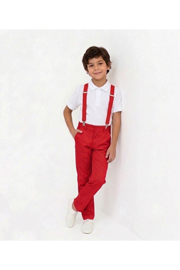 Boys' April 23 October 29 Collared T-Shirt - Red Pants and Suspender Set - Show Outfit