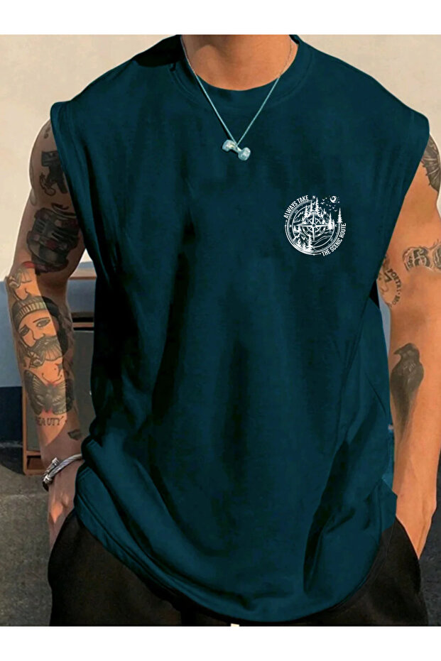 Pusula Printed Sleeveless Men's Zero Sleeve Clothing Sportswear Oversize Tshirt