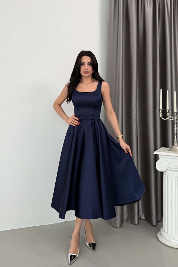 Navy Blue Square Neck Strap Belted Satin Midi Evening Dress