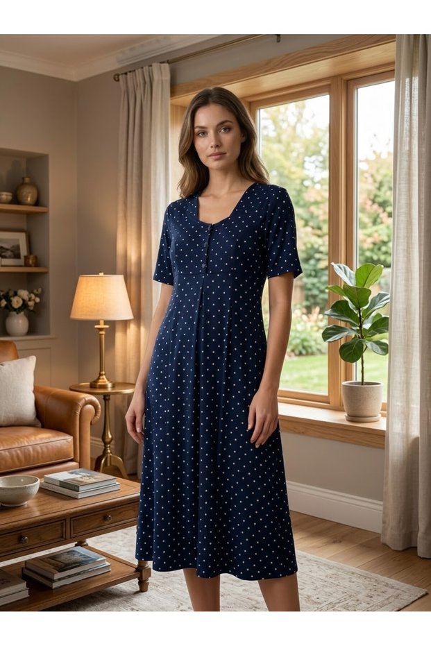 New Season Navy Blue Maternity Polka Dot Short Sleeve Button Detailed Special Design Summer Nightgown