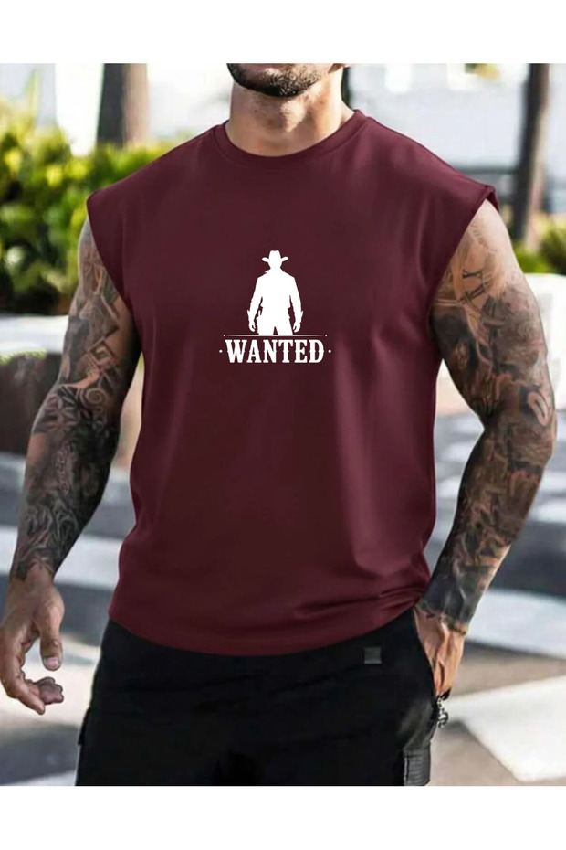 تيشيرت رجالي مطبوع عليه WANTED ملابس رياضية بدون أكمام مقاس كبير