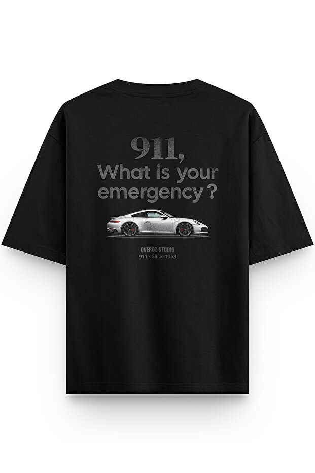 تيشيرت أسود مطبوع من الخلف بتصميم 911 سيارة، مقاس كبير جدًا 1423