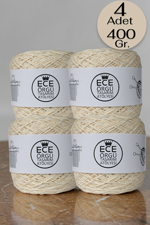 Ece Örgü Tasarım Atölyesi Krem rengi, bükümlü, %100 koton el örgü ipi (400 gr.)