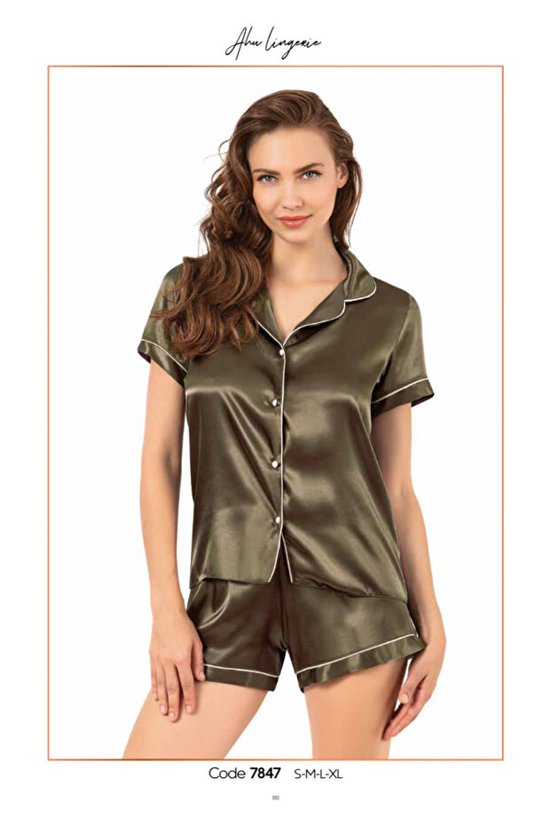 Women's khaki satin trim short sleeve pajama set with shorts