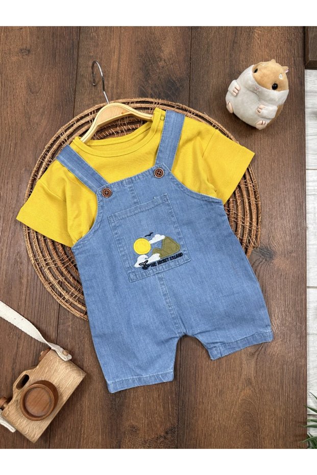 Island Embroidered Summer Denim Salopet Baby Boy Set