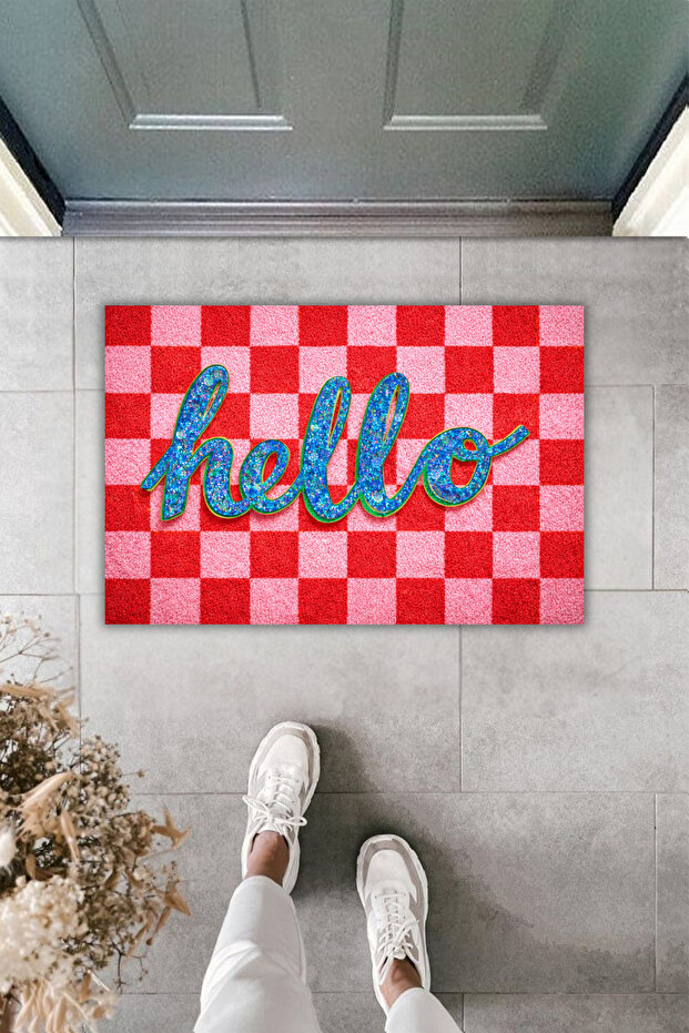 سجادة باب عصرية بطباعة رقمية - سجادة أنيقة باللون الأحمر مع كتابة 'Hello'