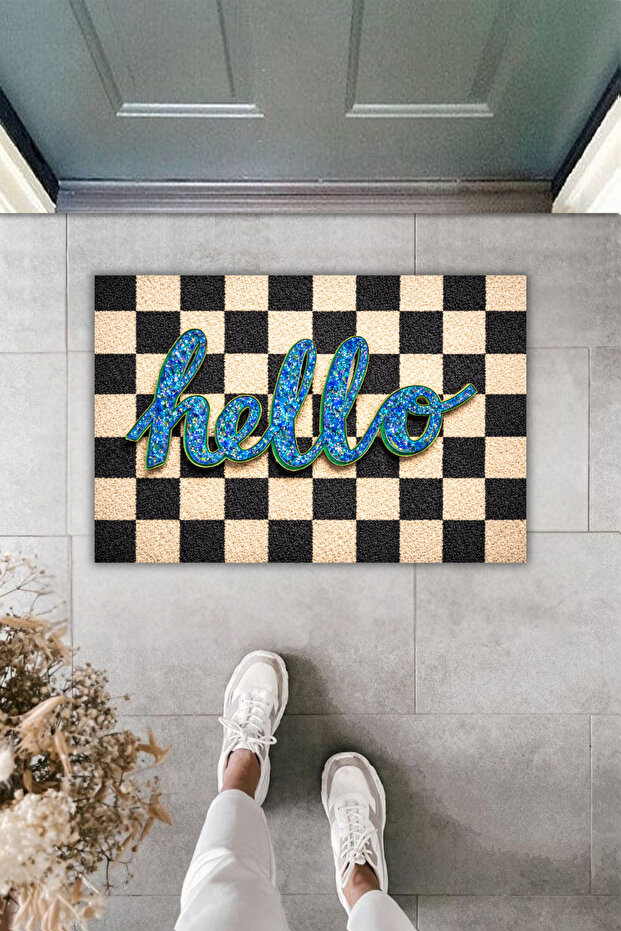 Modern Digital Print Doormat - Black and White Checkered Stylish Door Mat with Hello Written on It