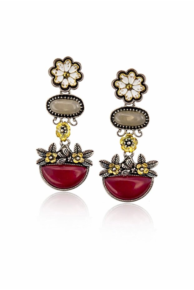 Ethnic Design Flower Detailed Burgundy Stone Dangle Earrings