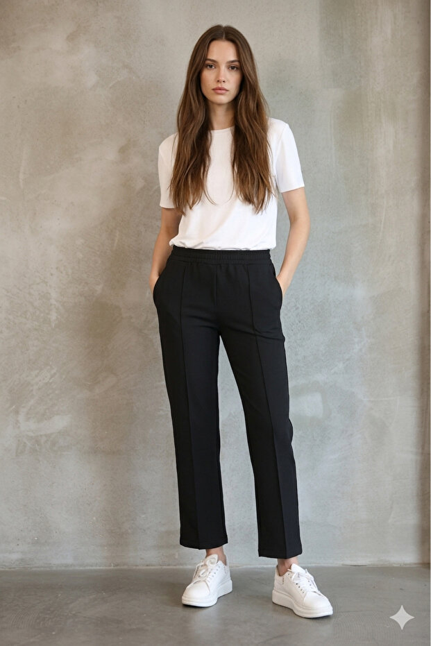 Women's Scuba Straight Cut Black Elasticized Trousers with Pockets