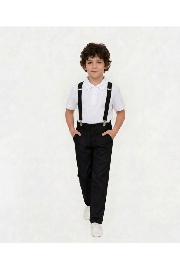 Boy's Black Trousers, Black Straps, Collared T-Shirt Set - April 23 - October 29 and Special Occasions
