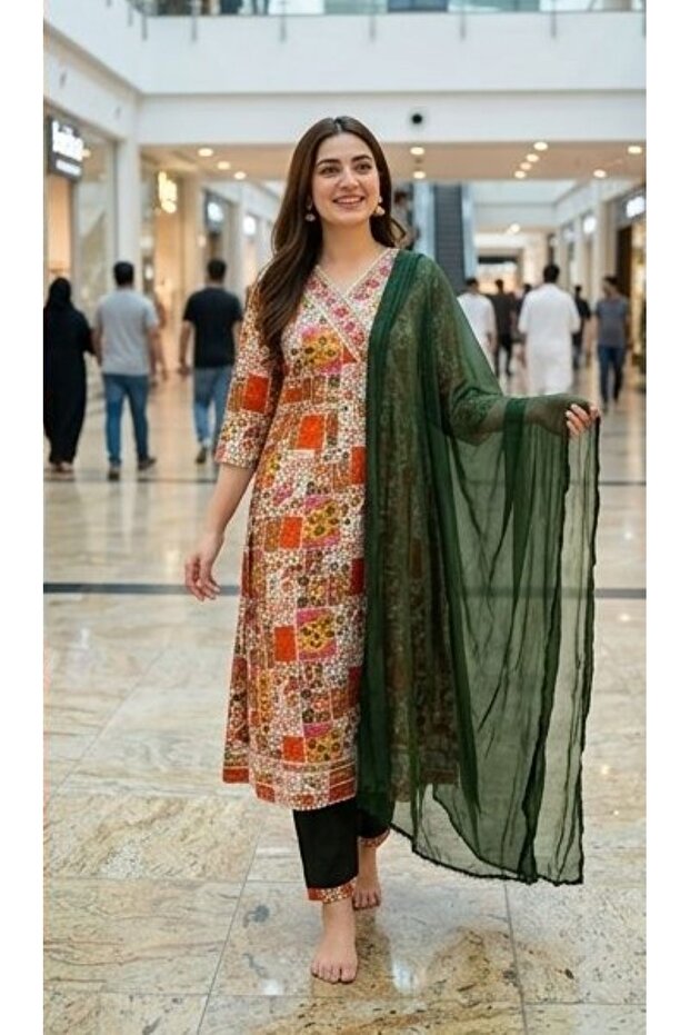 Women’s Rayon Printed Long Kurta Salwar Suit Set 3 Piece – Unstitched Ethnic Dress with Dupatta.