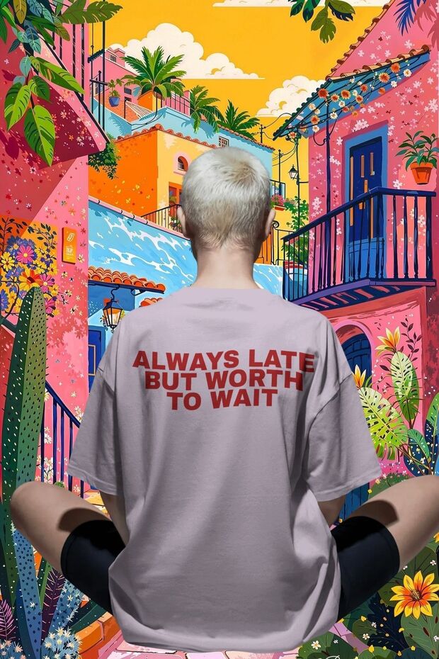 Always Late Written Unisex Oversize 24/1 Cotton T-Shirt - Special Collar Printed