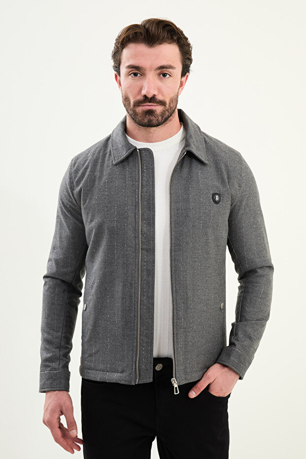 Striped Slim Fit Shirt Collar Zipper Men's Coat Gray - 39654.25K