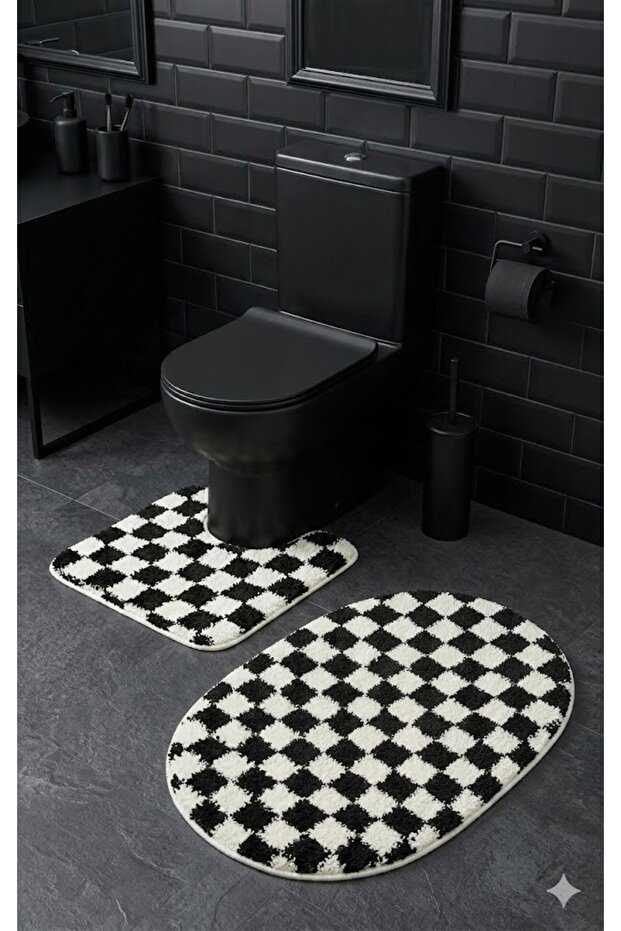 Chess Dama Patterned Latex Non-Slip Base Machine Washable 2-Piece Bohemian Oval Bath Mat 60X100 60X50