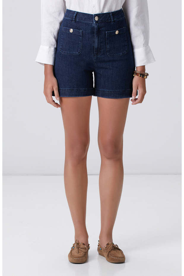 İndigo Cep Detaylı Denim Şort - 2