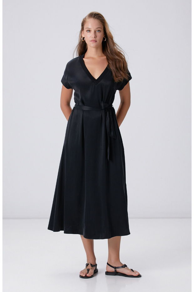 Siyah Cupro Elbise - 4