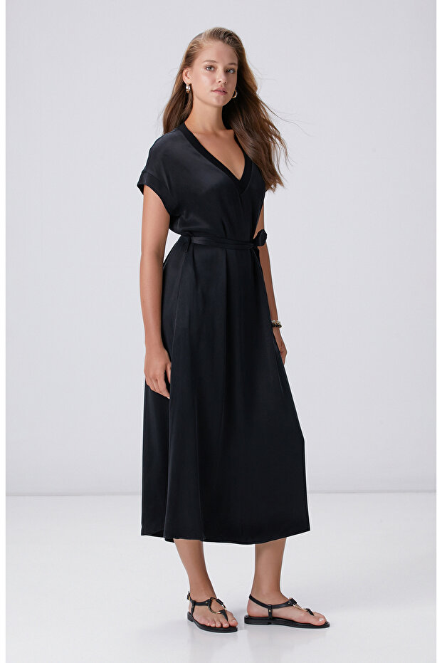 Siyah Cupro Elbise - 3