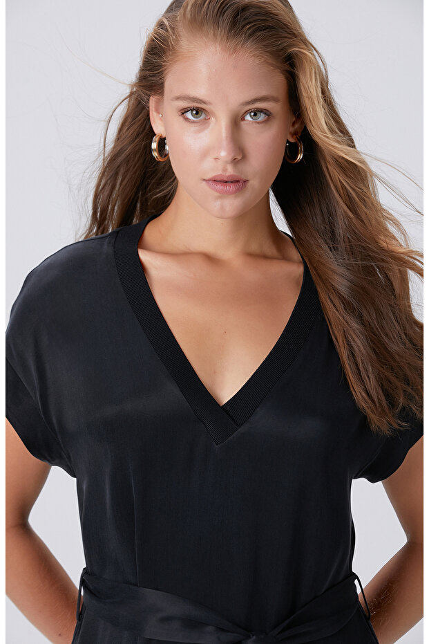 Siyah Cupro Elbise - 2